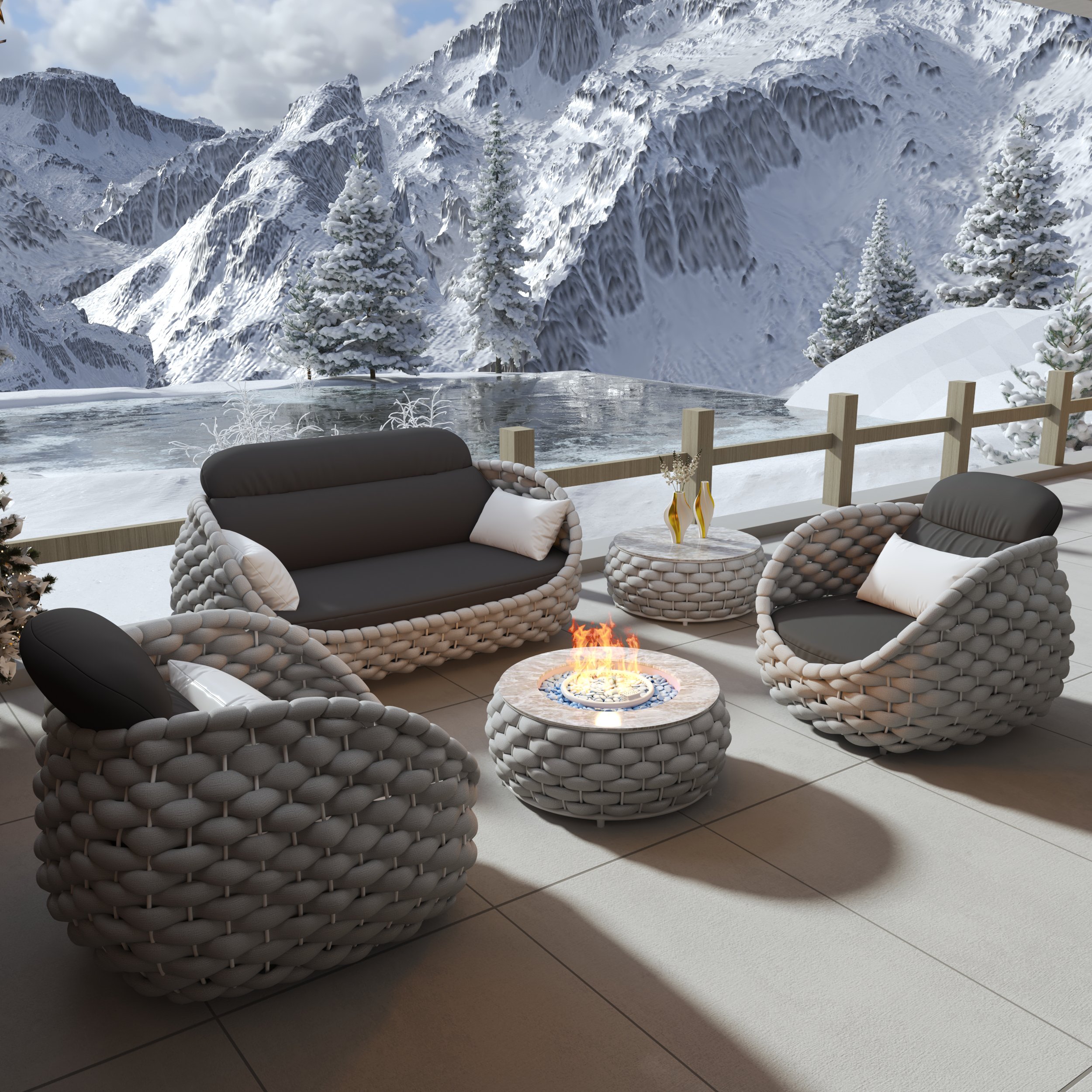 HMR Tatta 3-Pieces Winter Outdoor Smokeless Fire Pit Set with Chairs - Gray, Set, Fixed Base