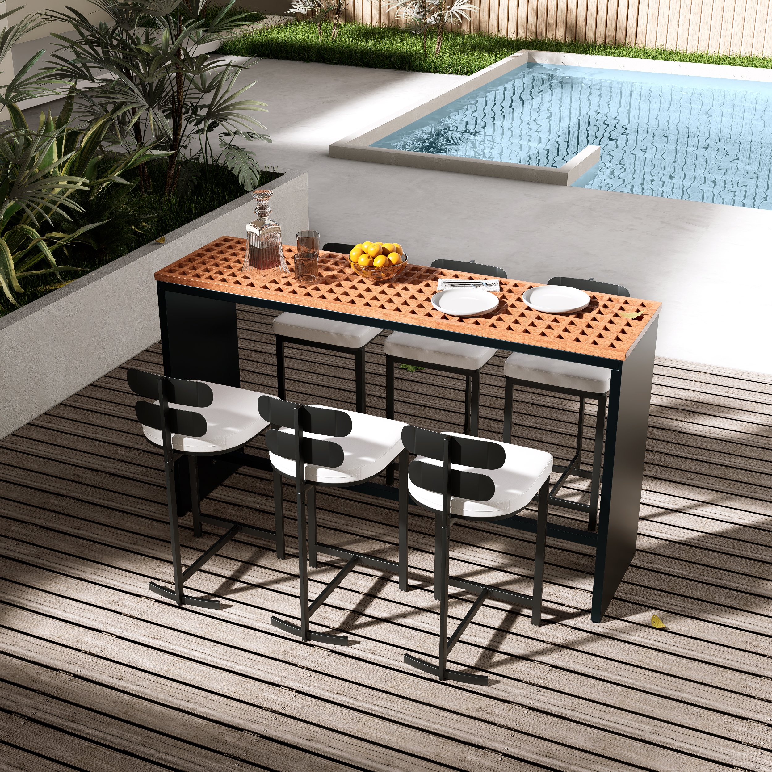 HMR - 7-Pieces 70.9" Teak Rectangle Hollow Bar Dining Table Set for Outdoor & Patio