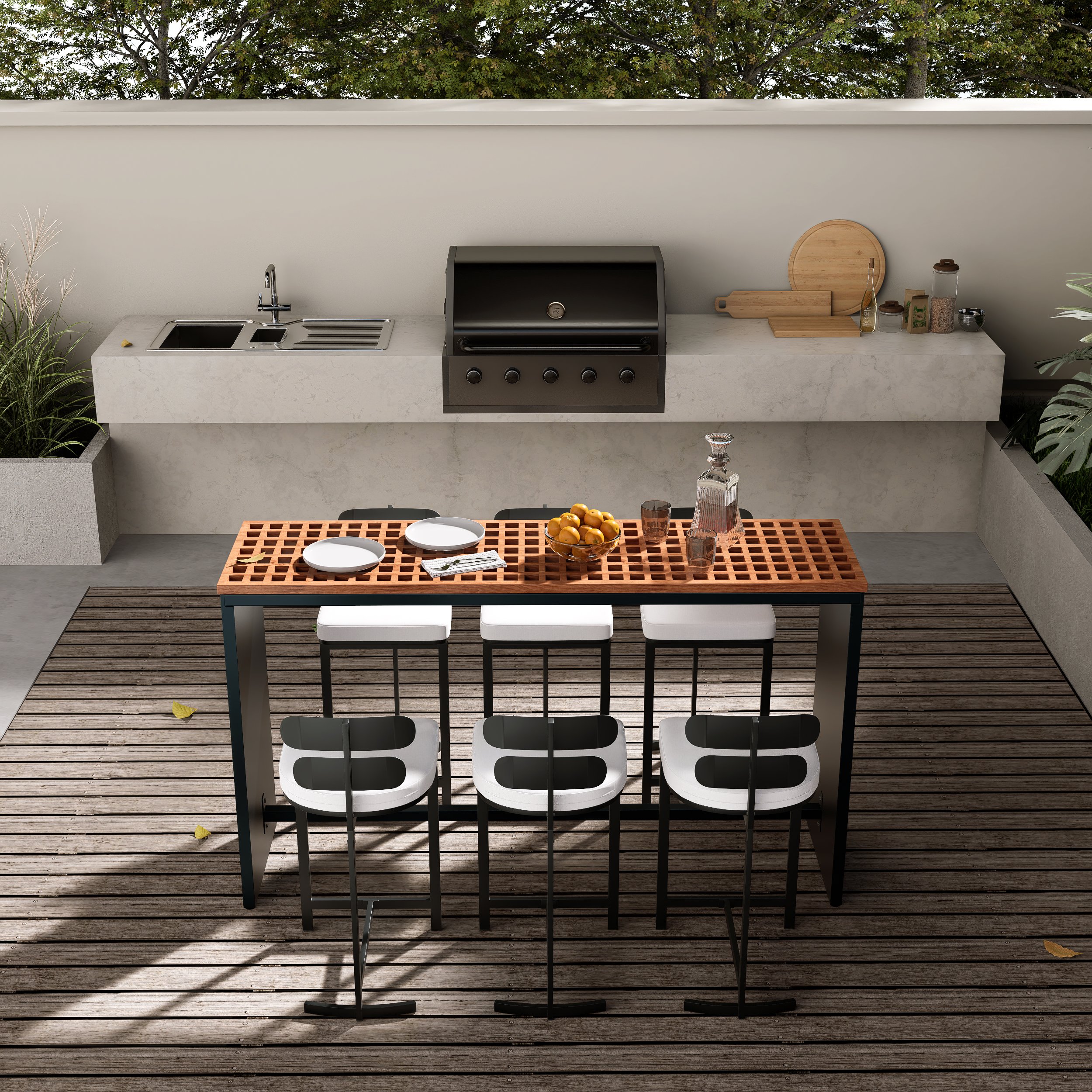 HMR - 7-Pieces 70.9" Teak Rectangle Hollow Bar Dining Table Set for Outdoor & Patio