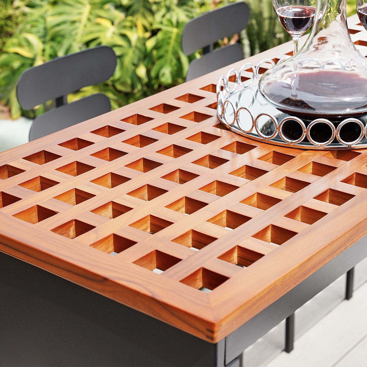HMR - 7-Pieces 70.9" Teak Rectangle Hollow Bar Dining Table Set for Outdoor & Patio