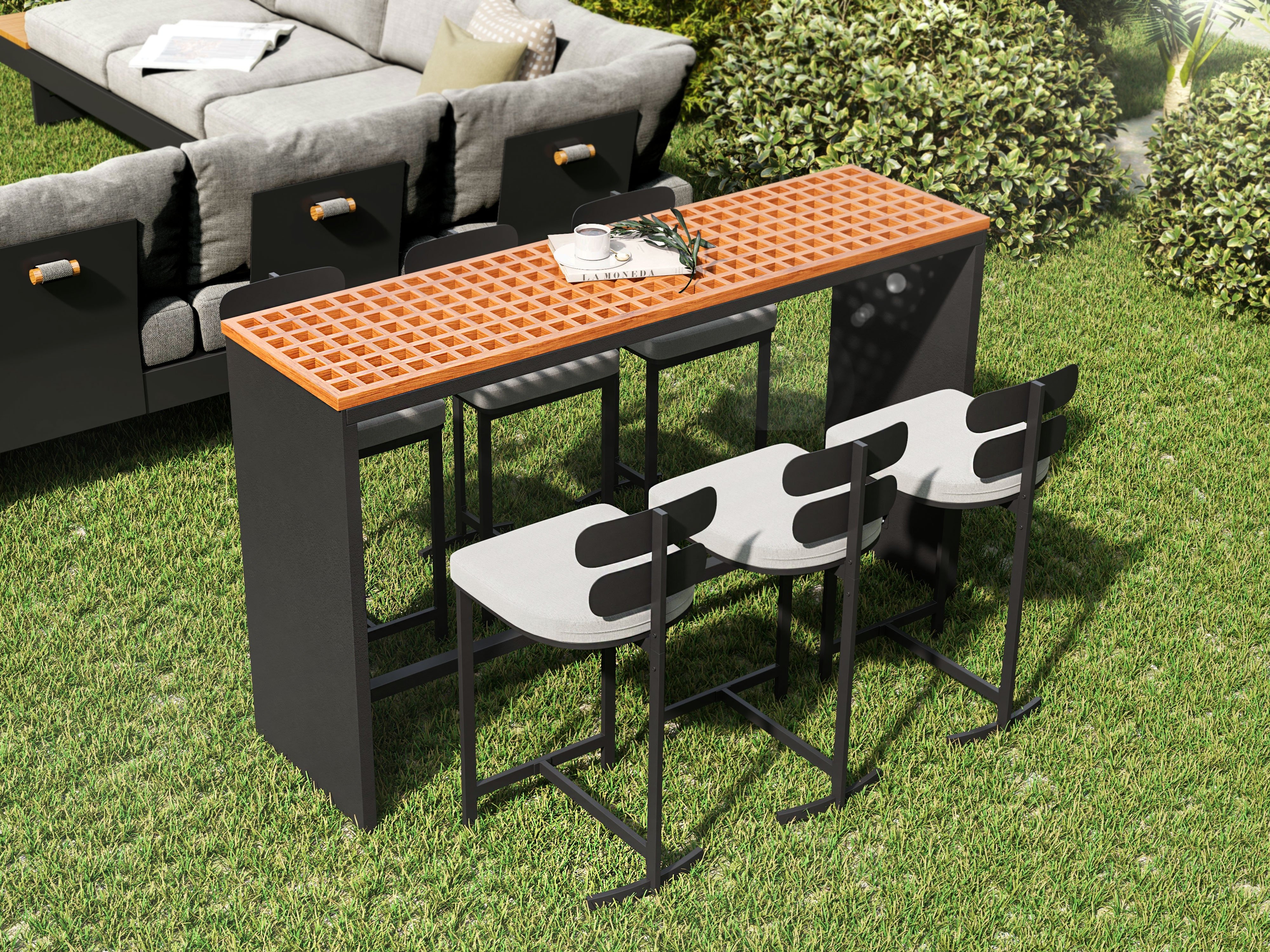 HMR - 7-Pieces 70.9" Teak Rectangle Hollow Bar Dining Table Set for Outdoor & Patio