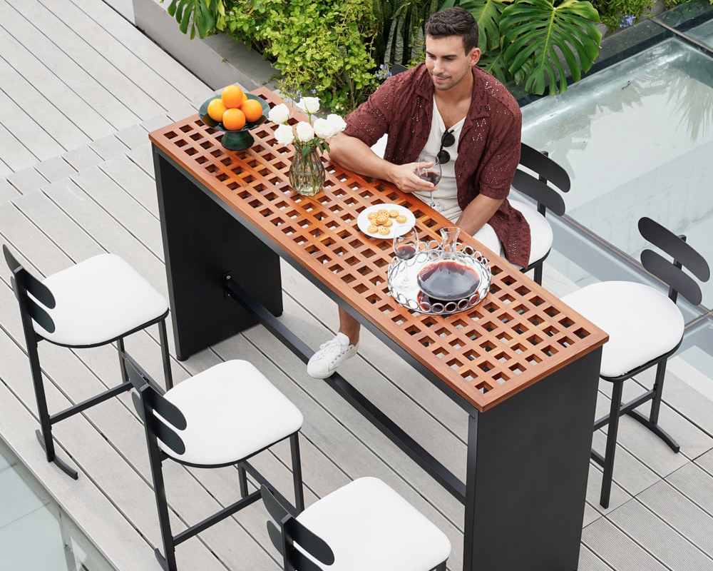 HMR - 7-Pieces 70.9" Teak Rectangle Hollow Bar Dining Table Set for Outdoor & Patio