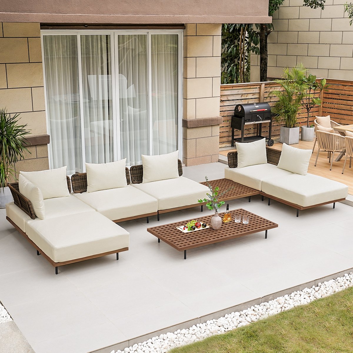 HMR Teak Modular Outdoor & Patio Sectional Sofa Set with Coffee Table and Cushion (8-Pieces) - Beige