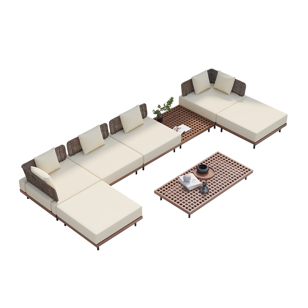 HMR Teak Modular Outdoor & Patio Sectional Sofa Set with Coffee Table and Cushion (8-Pieces) - Beige