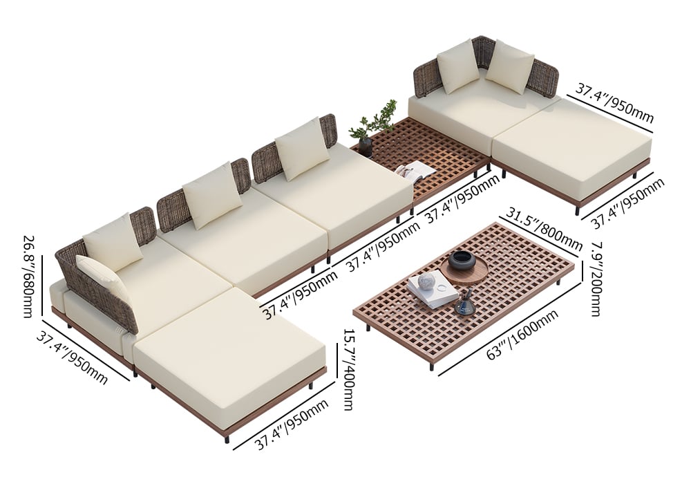 HMR Teak Modular Outdoor & Patio Sectional Sofa Set with Coffee Table and Cushion (8-Pieces) - Beige