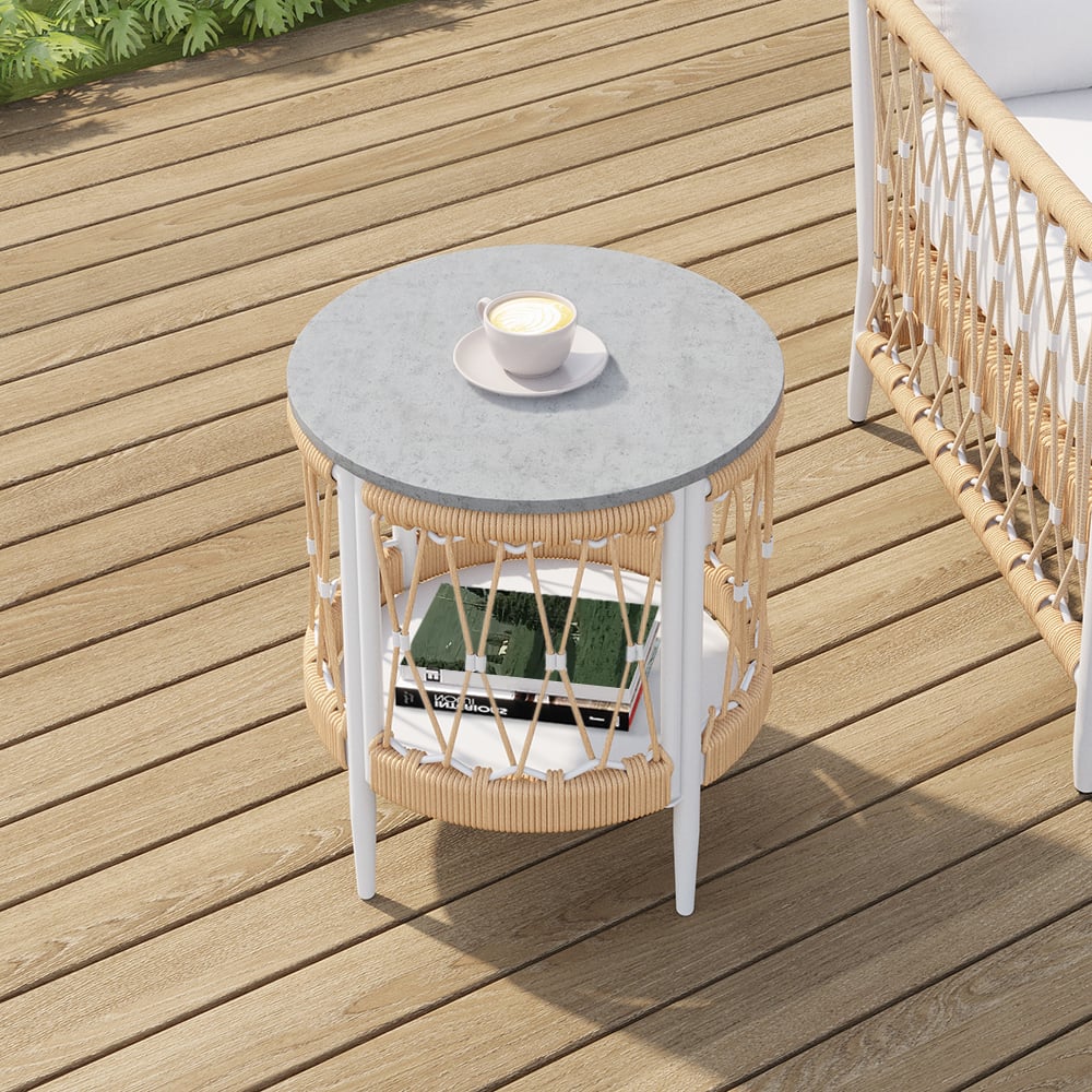 HMR - Ropipe 18.5" Round Outdoor Side Table with Storage Patio Weave Rope End Table in Khaki