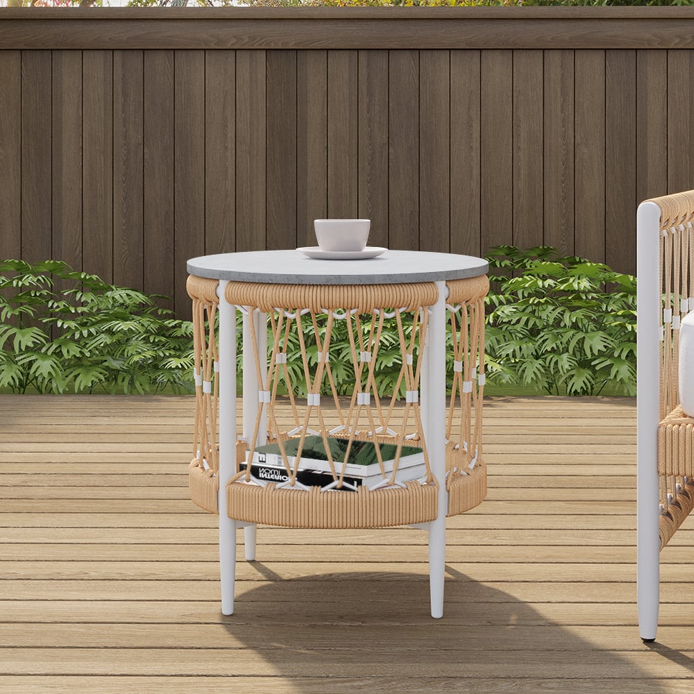HMR - Ropipe 18.5" Round Outdoor Side Table with Storage Patio Weave Rope End Table in Khaki