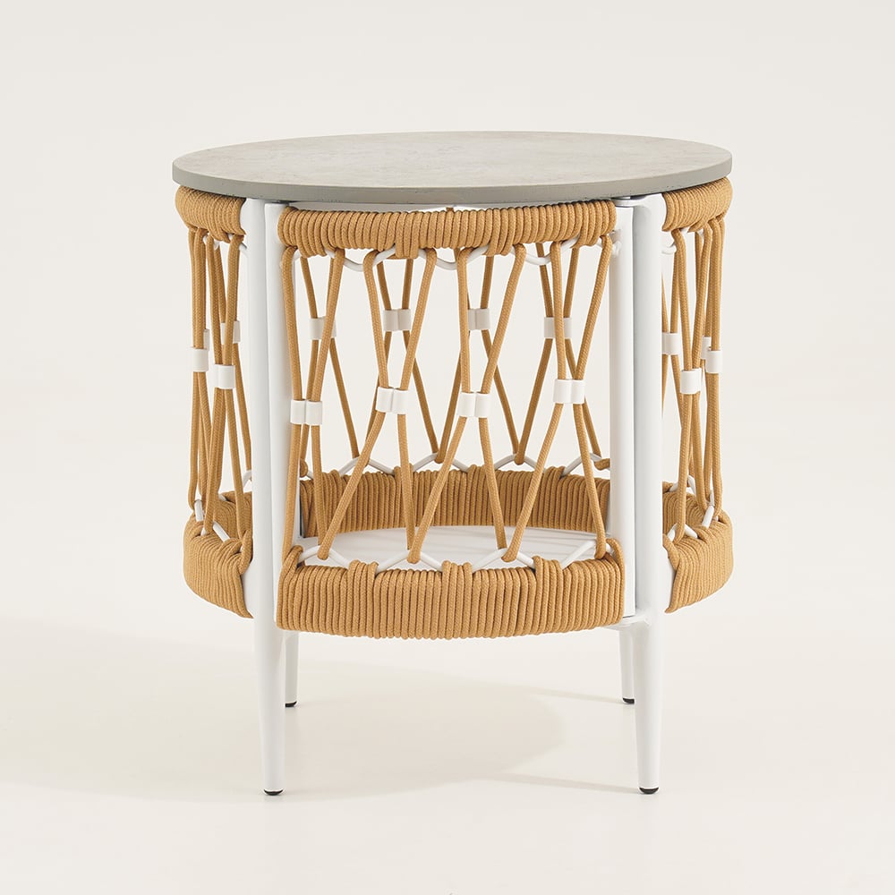 HMR - Ropipe 18.5" Round Outdoor Side Table with Storage Patio Weave Rope End Table in Khaki
