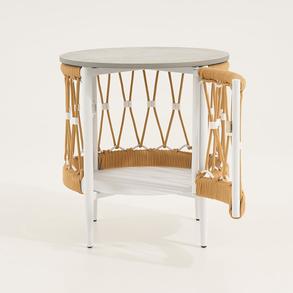 HMR - Ropipe 18.5" Round Outdoor Side Table with Storage Patio Weave Rope End Table in Khaki