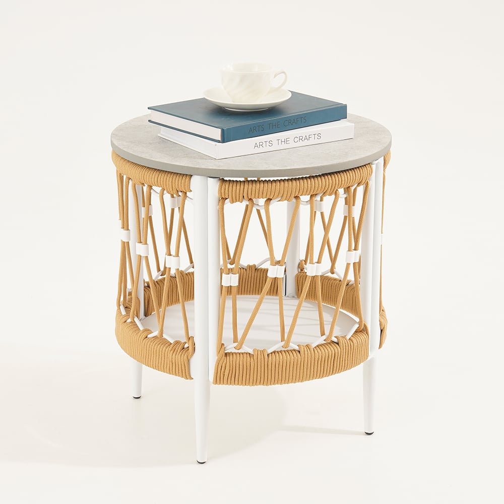 HMR - Ropipe 18.5" Round Outdoor Side Table with Storage Patio Weave Rope End Table in Khaki