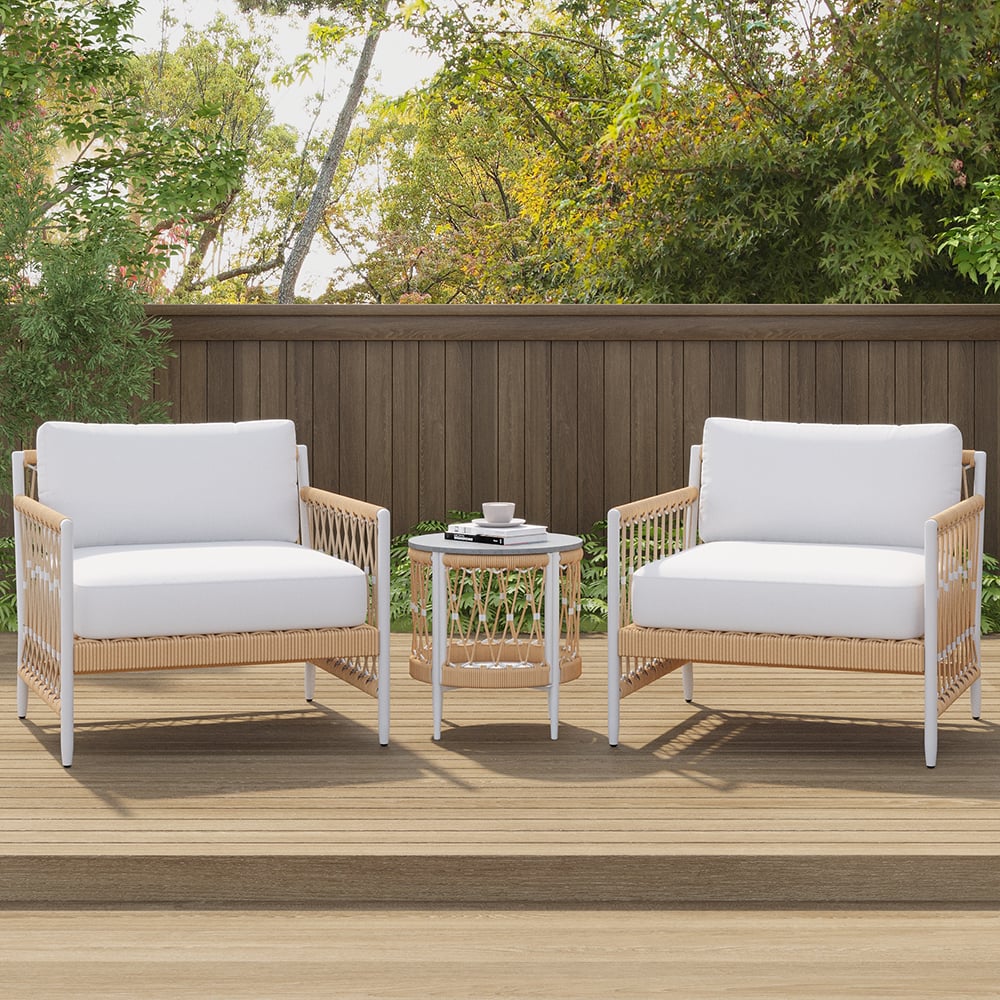 HMR - Ropipe 18.5" Round Outdoor Side Table with Storage Patio Weave Rope End Table in Khaki