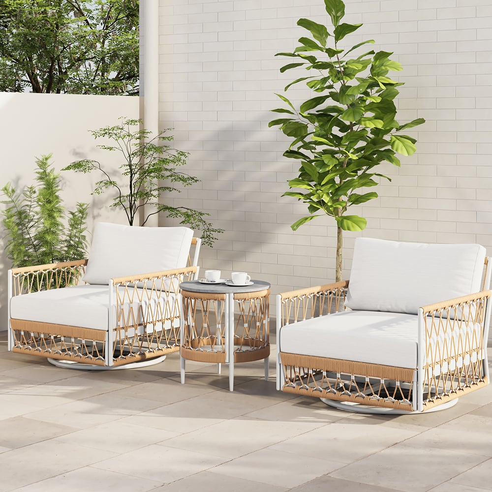 HMR - Ropipe 18.5" Round Outdoor Side Table with Storage Patio Weave Rope End Table in Khaki