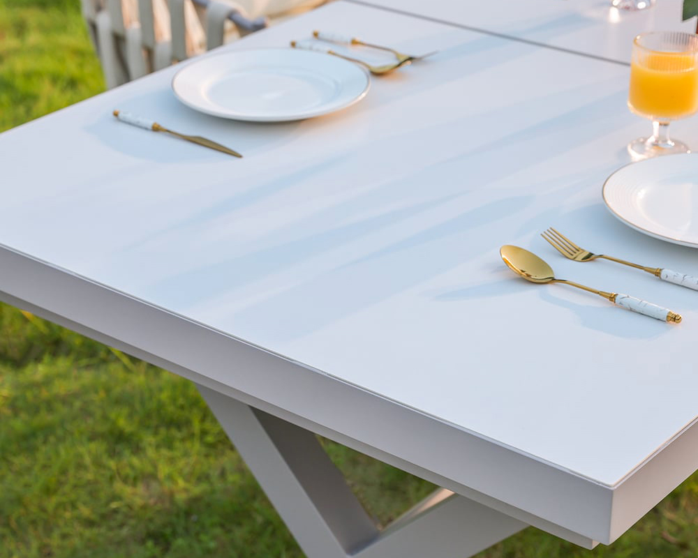 HMR Extendable Marble Outdoor Dining Set with Woven Armchairs (64.2"-84.3") - White, 7-Pieces