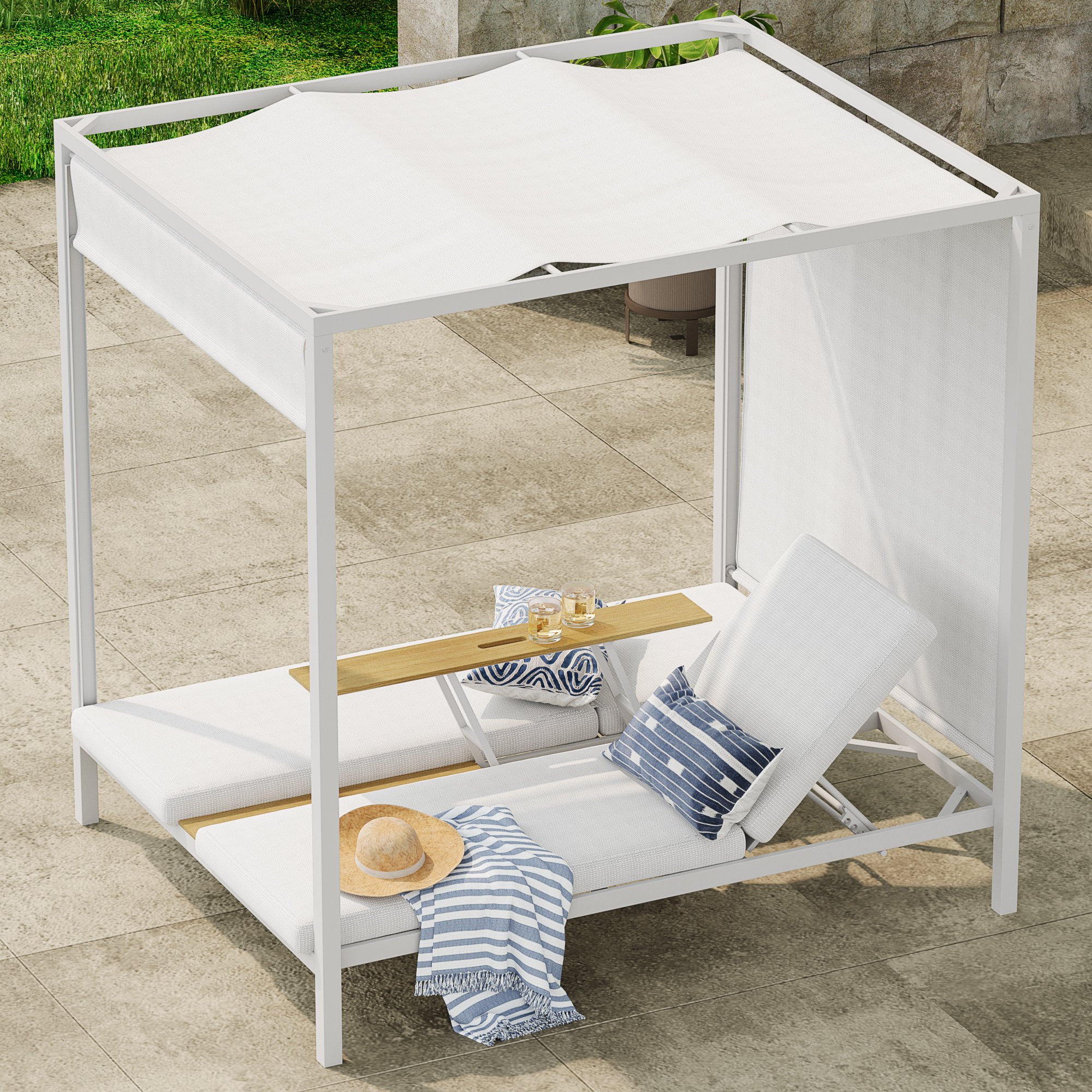 HMR - 2-Person White Aluminum Outdoor Patio Daybed with Canopy & Walnut Lift Top Coffee Table