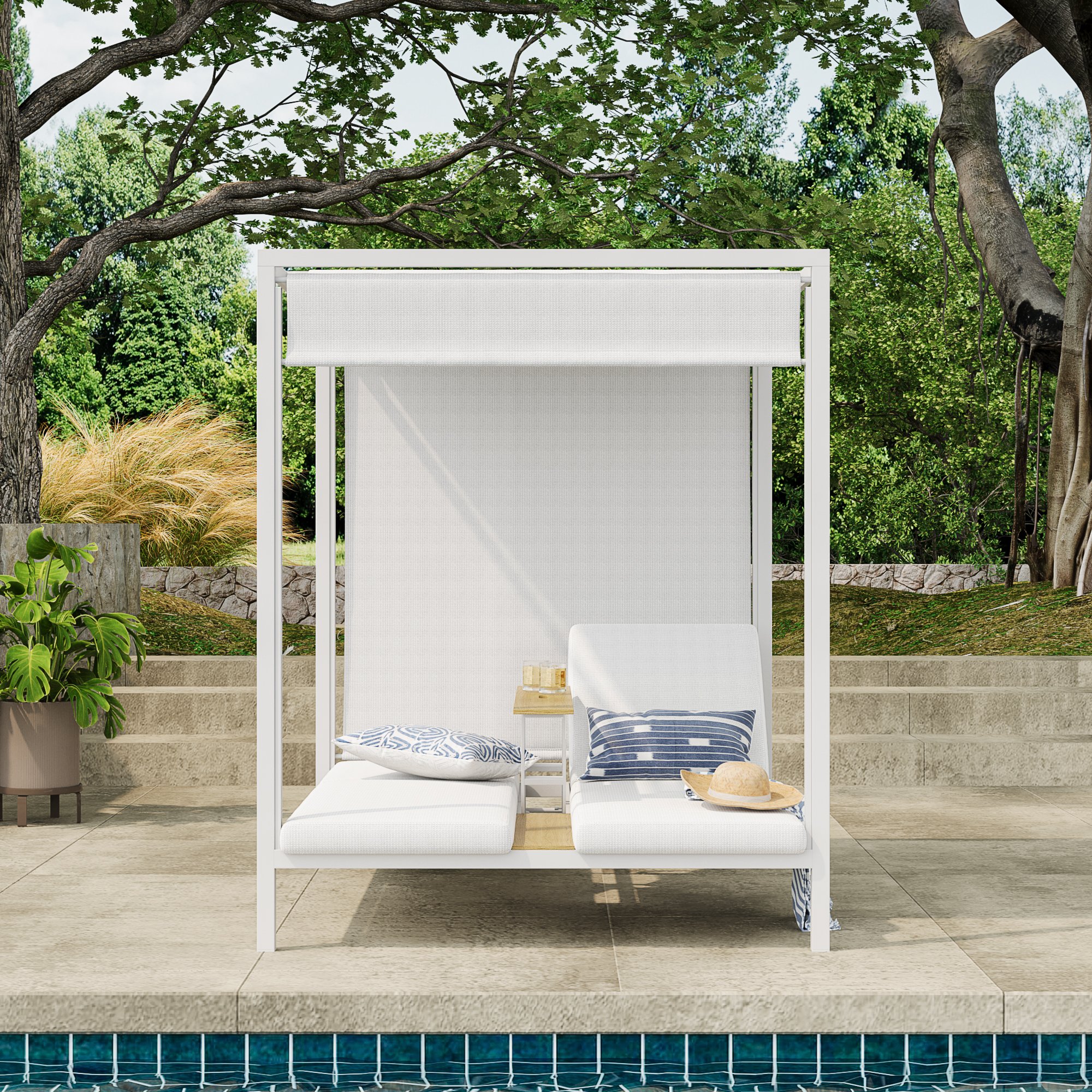 HMR - 2-Person White Aluminum Outdoor Patio Daybed with Canopy & Walnut Lift Top Coffee Table