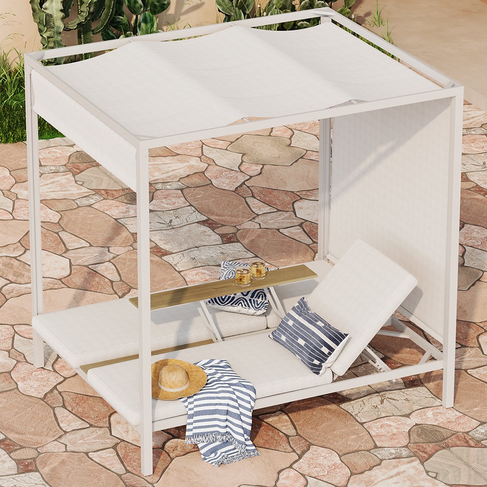 HMR - 2-Person White Aluminum Outdoor Patio Daybed with Canopy & Walnut Lift Top Coffee Table