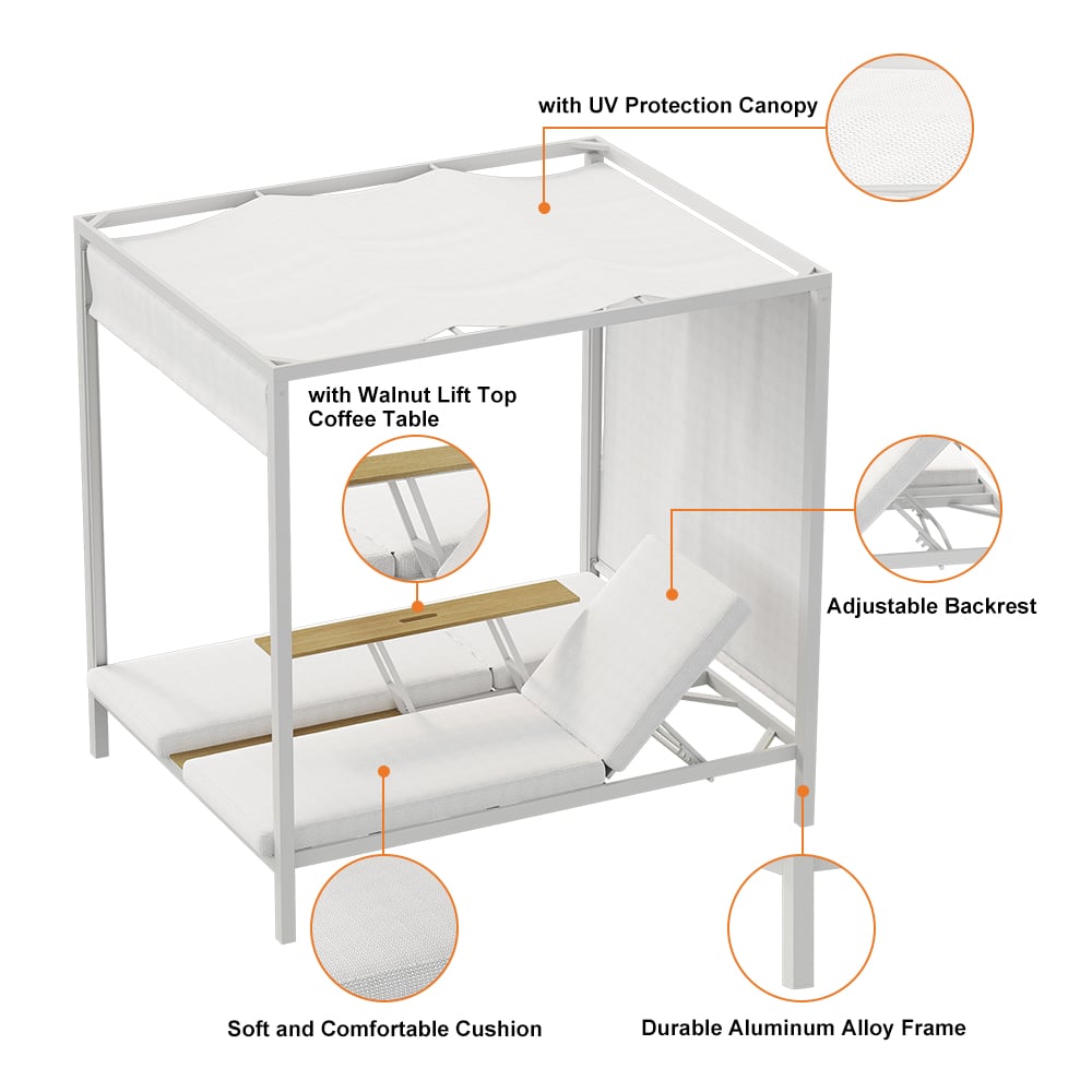 HMR - 2-Person White Aluminum Outdoor Patio Daybed with Canopy & Walnut Lift Top Coffee Table