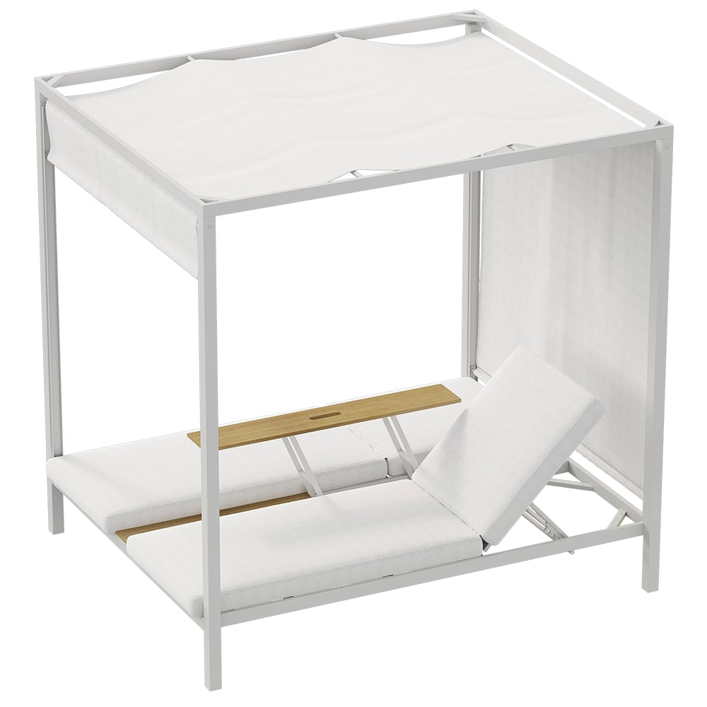 HMR - 2-Person White Aluminum Outdoor Patio Daybed with Canopy & Walnut Lift Top Coffee Table