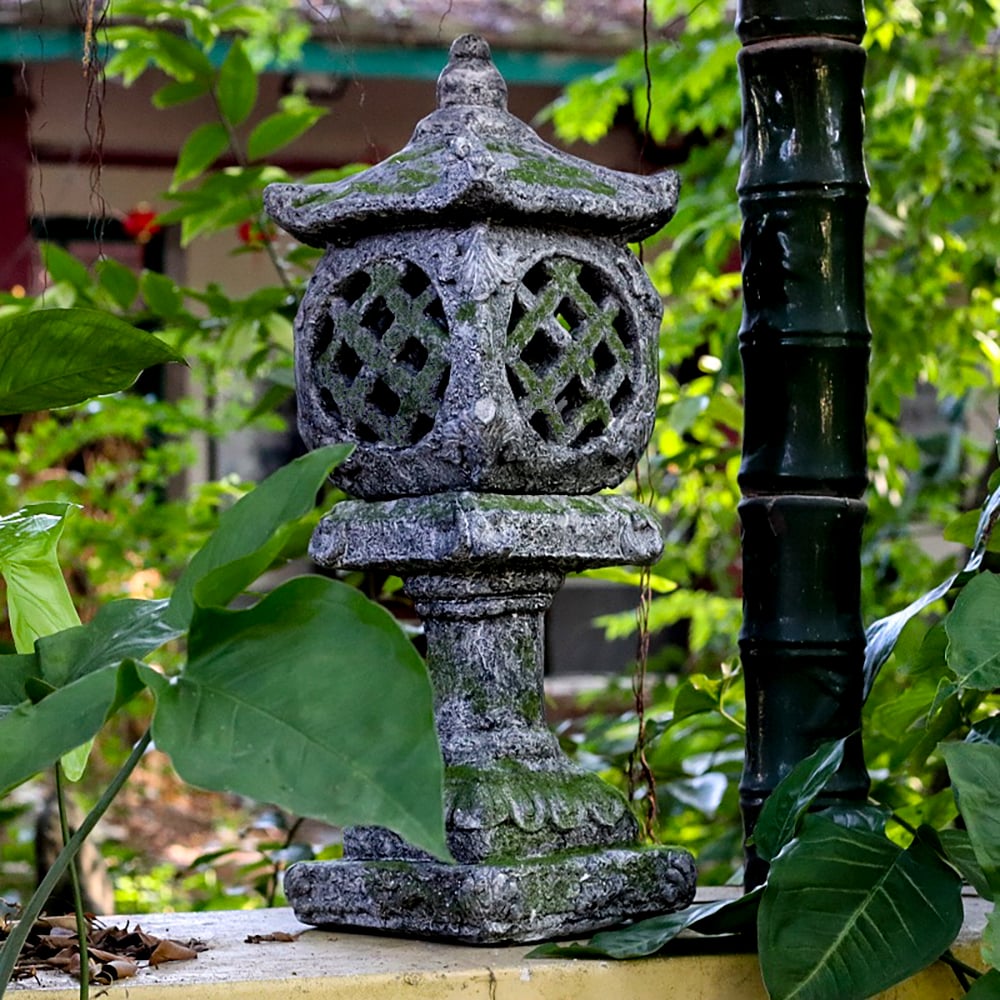 HMR - Outdoor Garden Japanese Solar Lantern Sculpture Concrete Gray Fiberglass Asian Decor