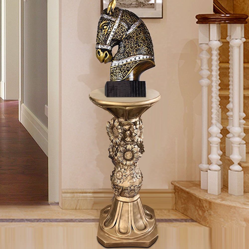 HMR - 29.1" Large Tall Vintage Sunflower Pedestal Plant Stand Indoor Decor Sculpture in Gold