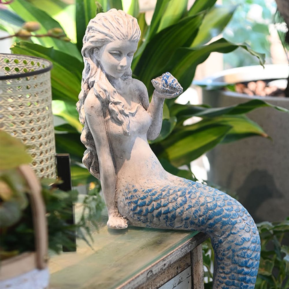 HMR - 25" Outdoor Statues Mermaid Decor White Resin Garden Ornaments Sculpture Decor Art