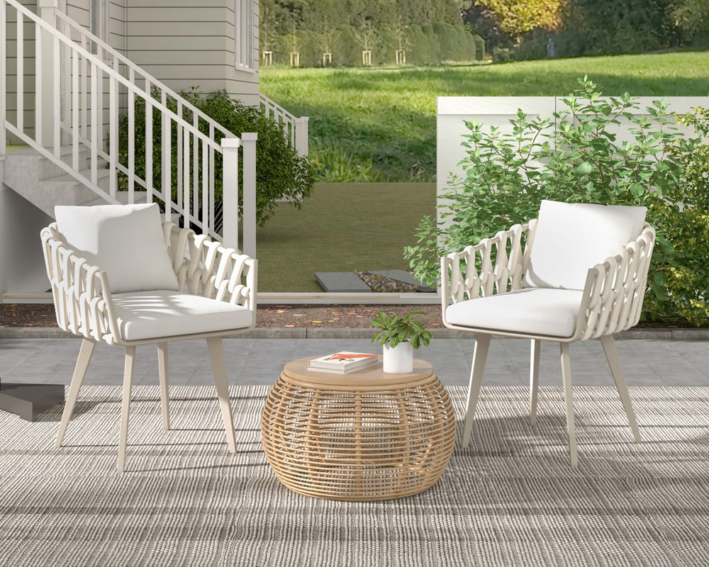 HMR Hand Woven Rope Outdoor Patio Dining Chair with Cushions (Set of 2) - Beige