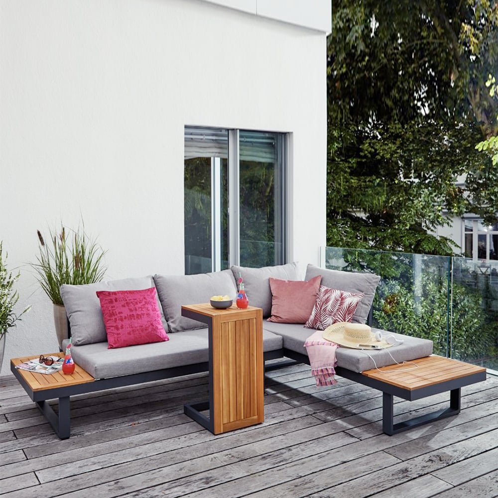 HMR - 4-Pieces Modular L-Shaped Teak Sectional Outdoor Sofa Set with Fire Pit in Gray