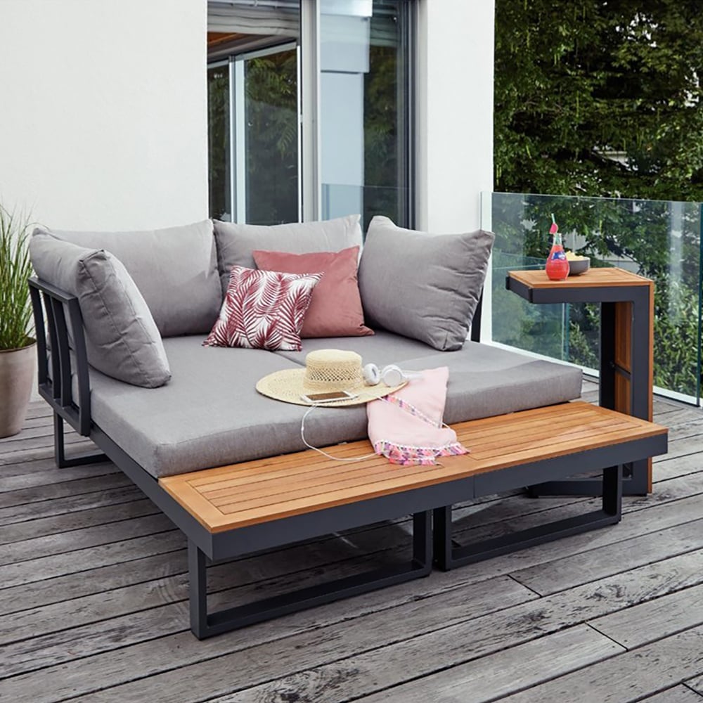 HMR - 4-Pieces Modular L-Shaped Teak Sectional Outdoor Sofa Set with Fire Pit in Gray