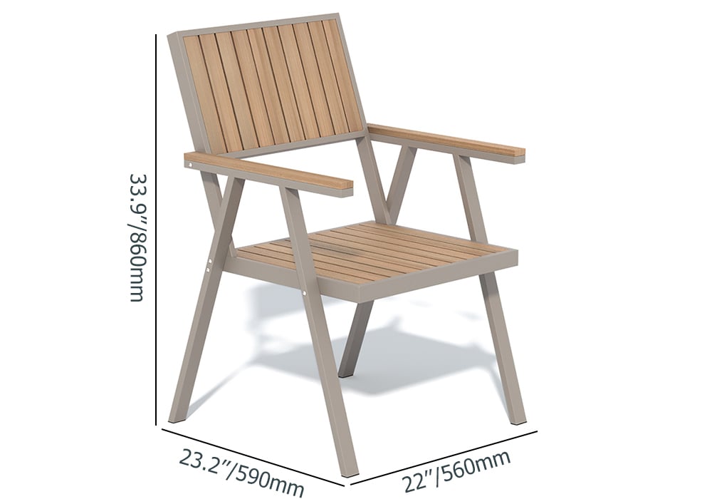 HMR - Modern Aluminum & Wood Outdoor Dining Chair Patio Armchair in Natural & Gray (Set of 2)