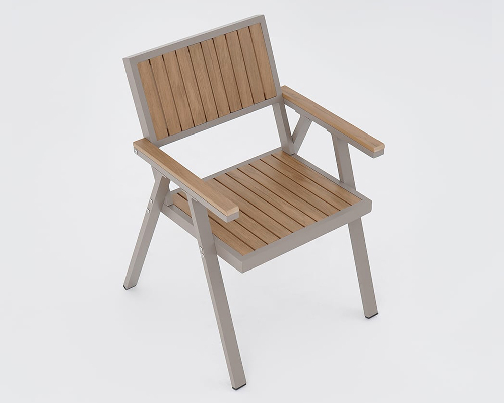 HMR - Modern Aluminum & Wood Outdoor Dining Chair Patio Armchair in Natural & Gray (Set of 2)