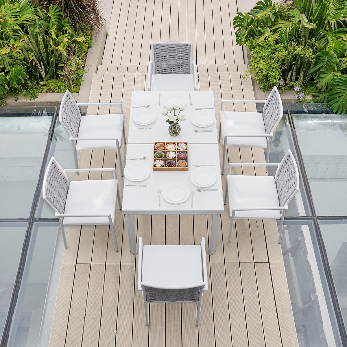 HMR - 7-Pieces Outdoor Patio Dining Set Extendable Aluminum & Wood-Plastic Table & Chairs Set
