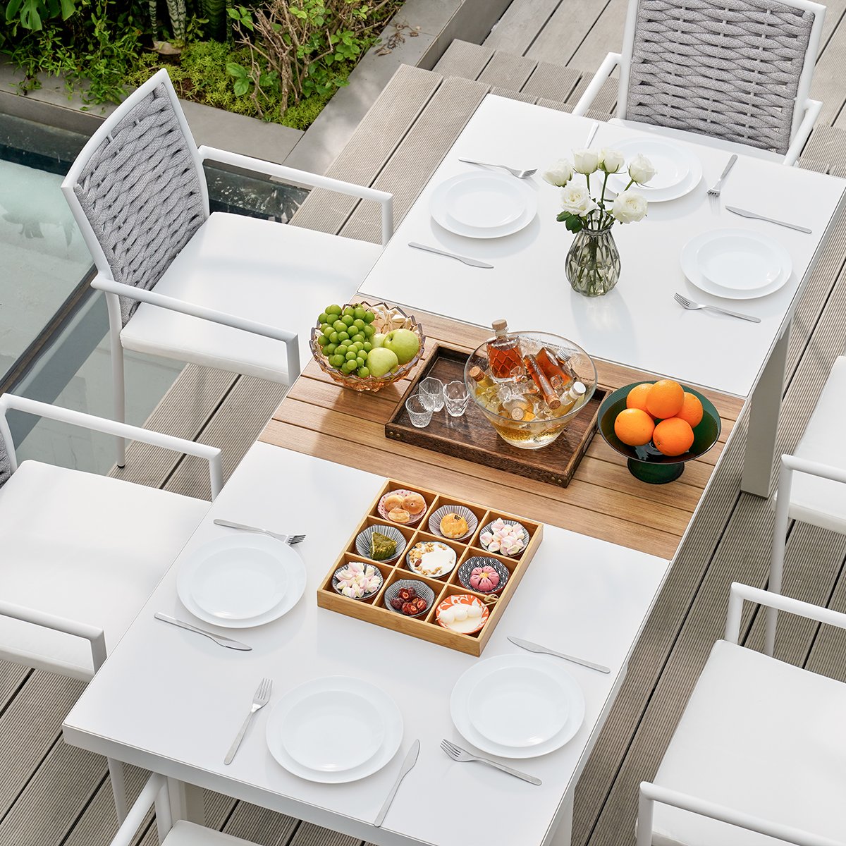 HMR - 7-Pieces Outdoor Patio Dining Set Extendable Aluminum & Wood-Plastic Table & Chairs Set