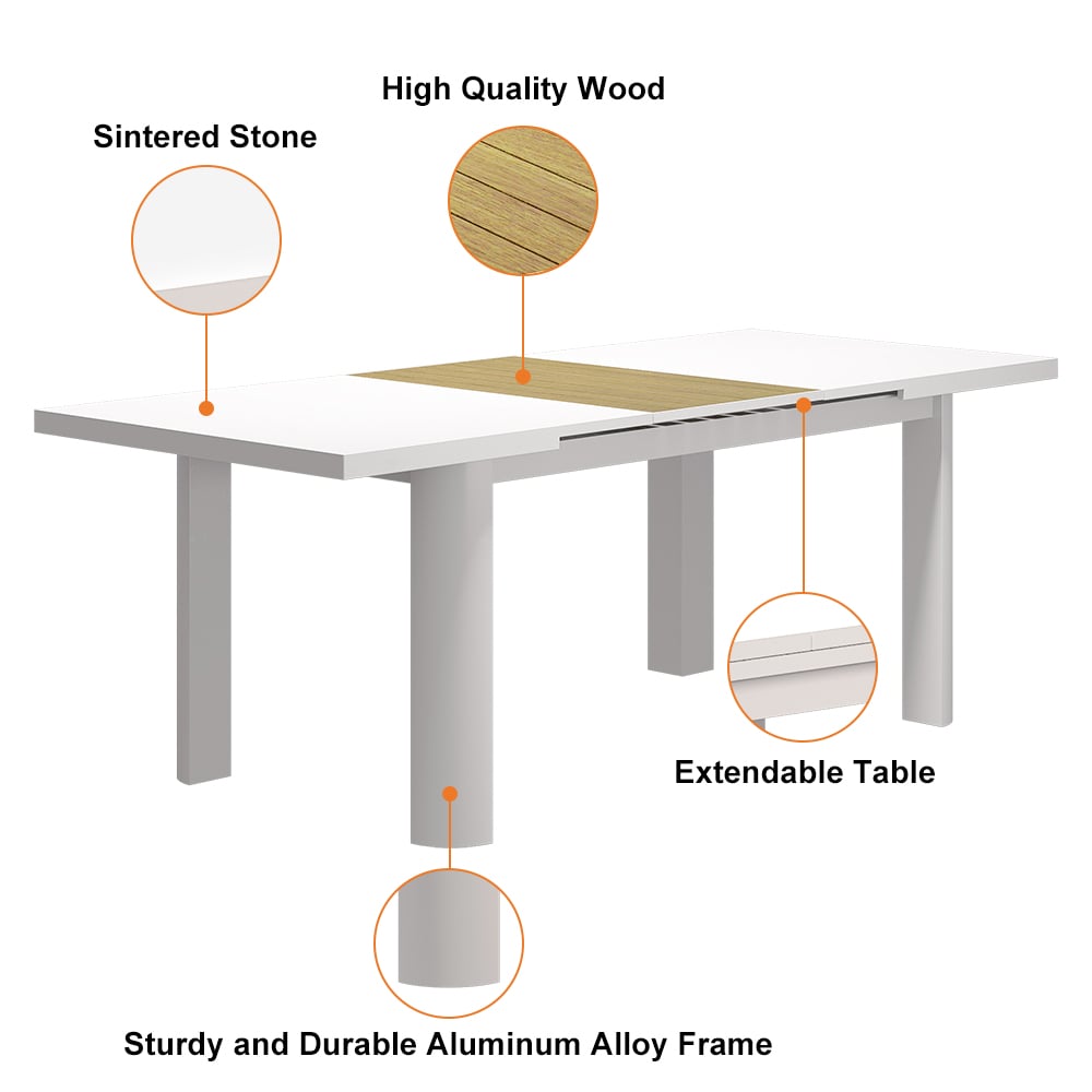 HMR - 7-Pieces Outdoor Patio Dining Set Extendable Aluminum & Wood-Plastic Table & Chairs Set