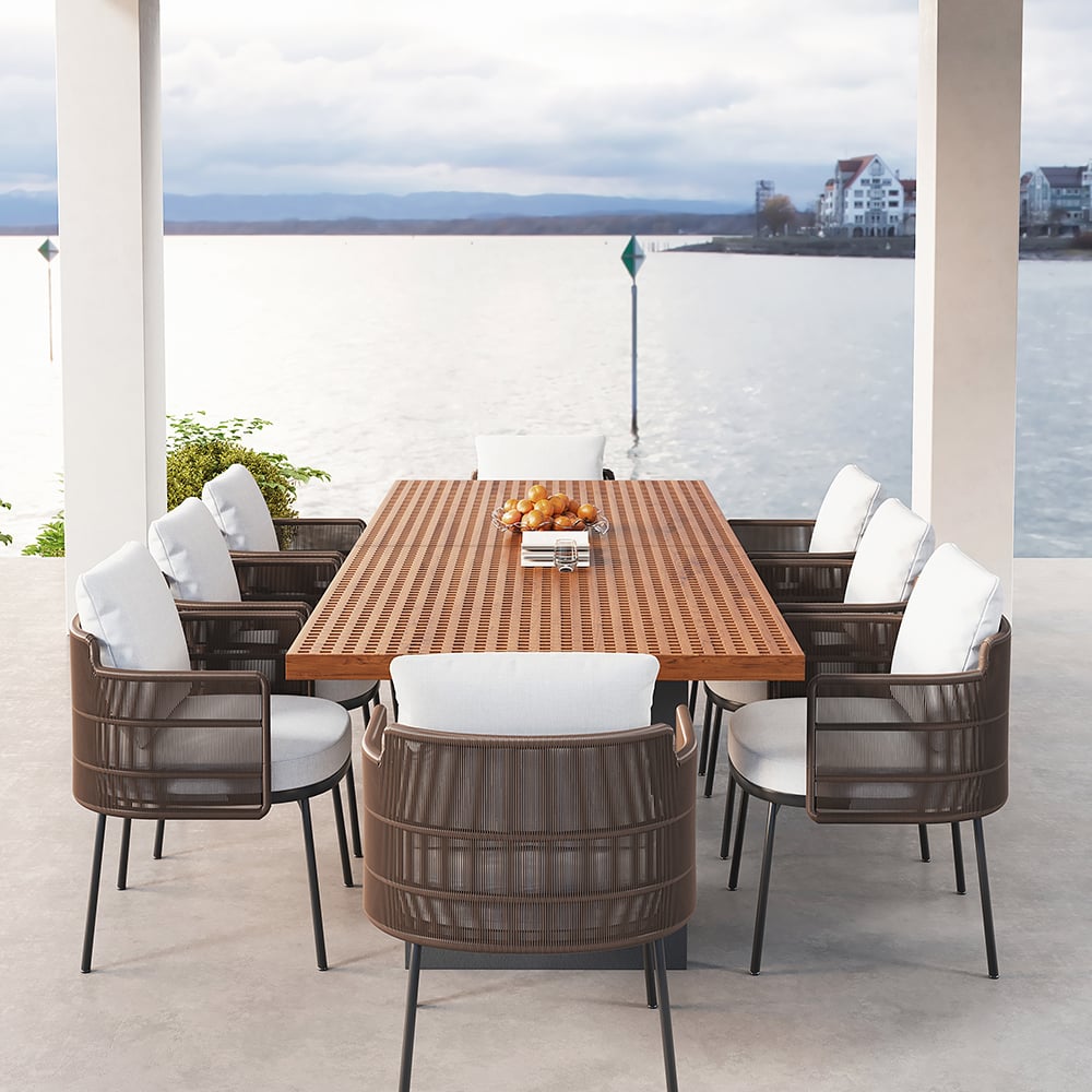 HMR - 9-Pieces 94.5" Outdoor Rectangle Teak Dining Set for 8 Person with 8 Rattan Chairs