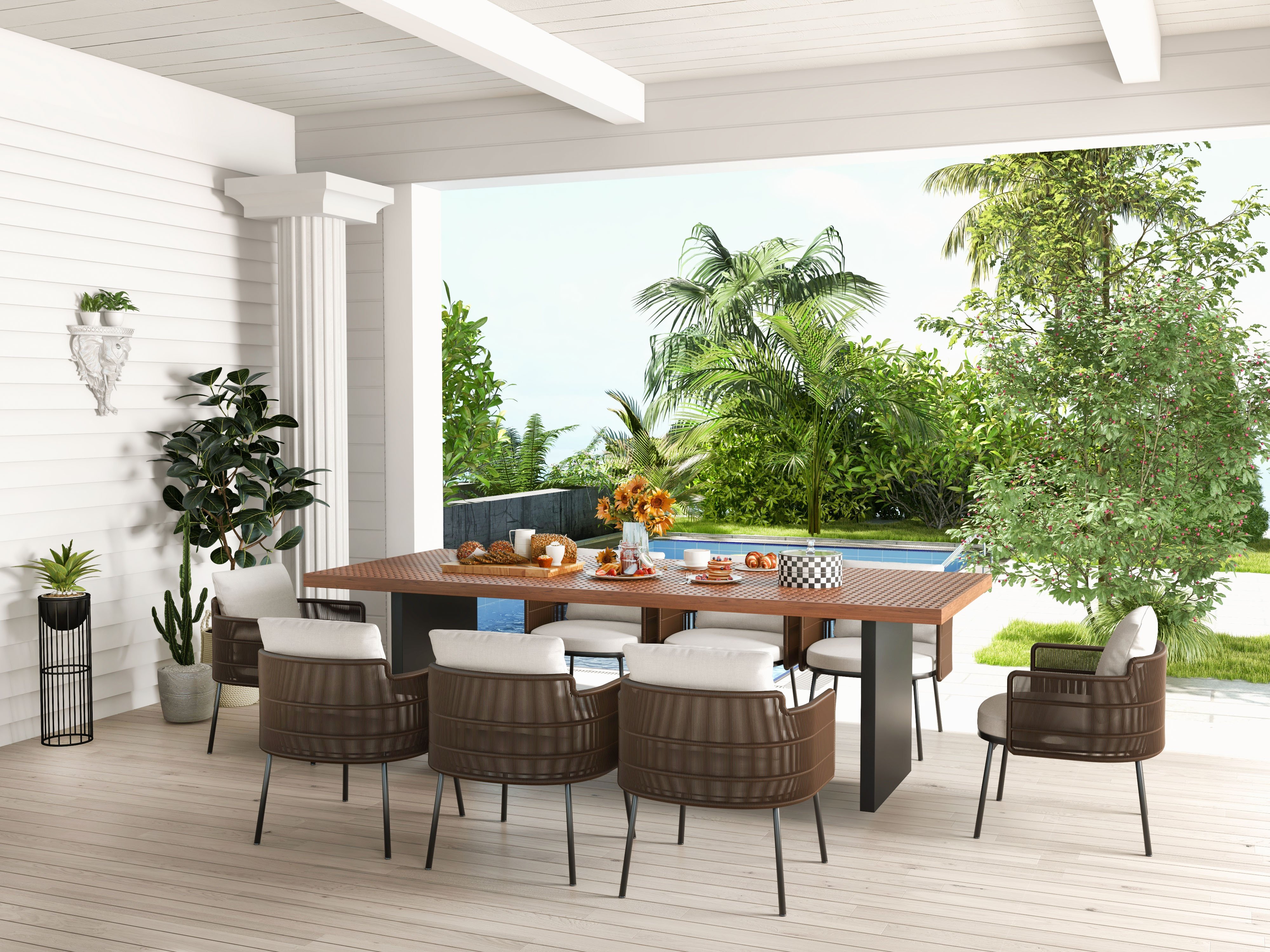HMR - 9-Pieces 94.5" Outdoor Rectangle Teak Dining Set for 8 Person with 8 Rattan Chairs