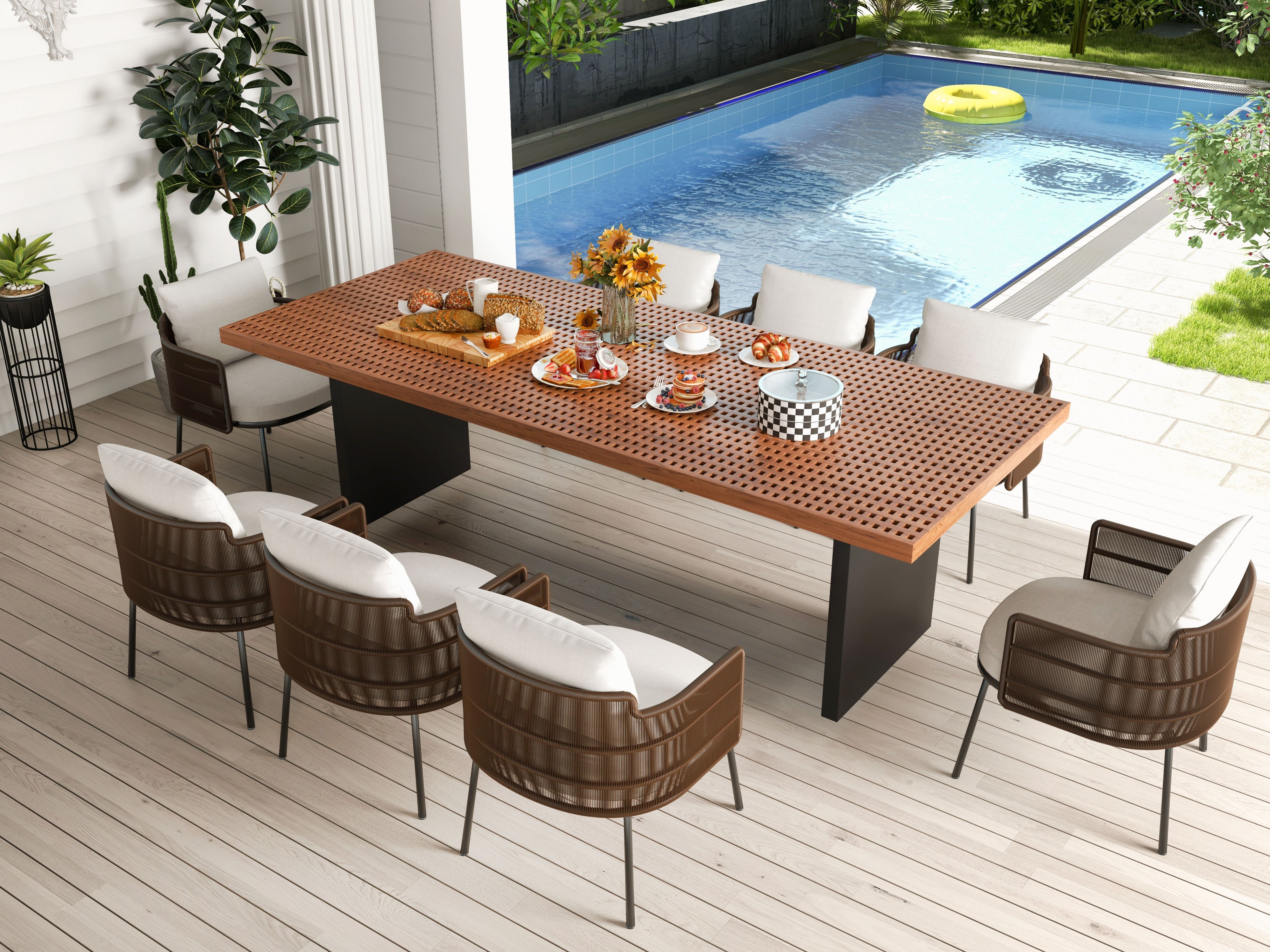 HMR - 9-Pieces 94.5" Outdoor Rectangle Teak Dining Set for 8 Person with 8 Rattan Chairs