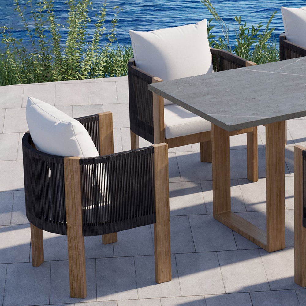 HMR - 2 Pieces Modern Aluminum & Ropes Outdoor Patio Dining Chair Set in Black & Brown