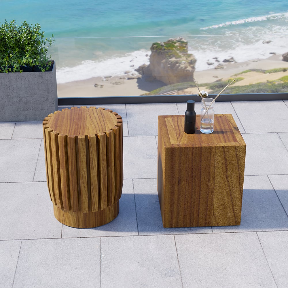 HMR - 2-Pieces Rustic Round & Rectangle Teak Wood Outdoor Coffee Table Set in Natural