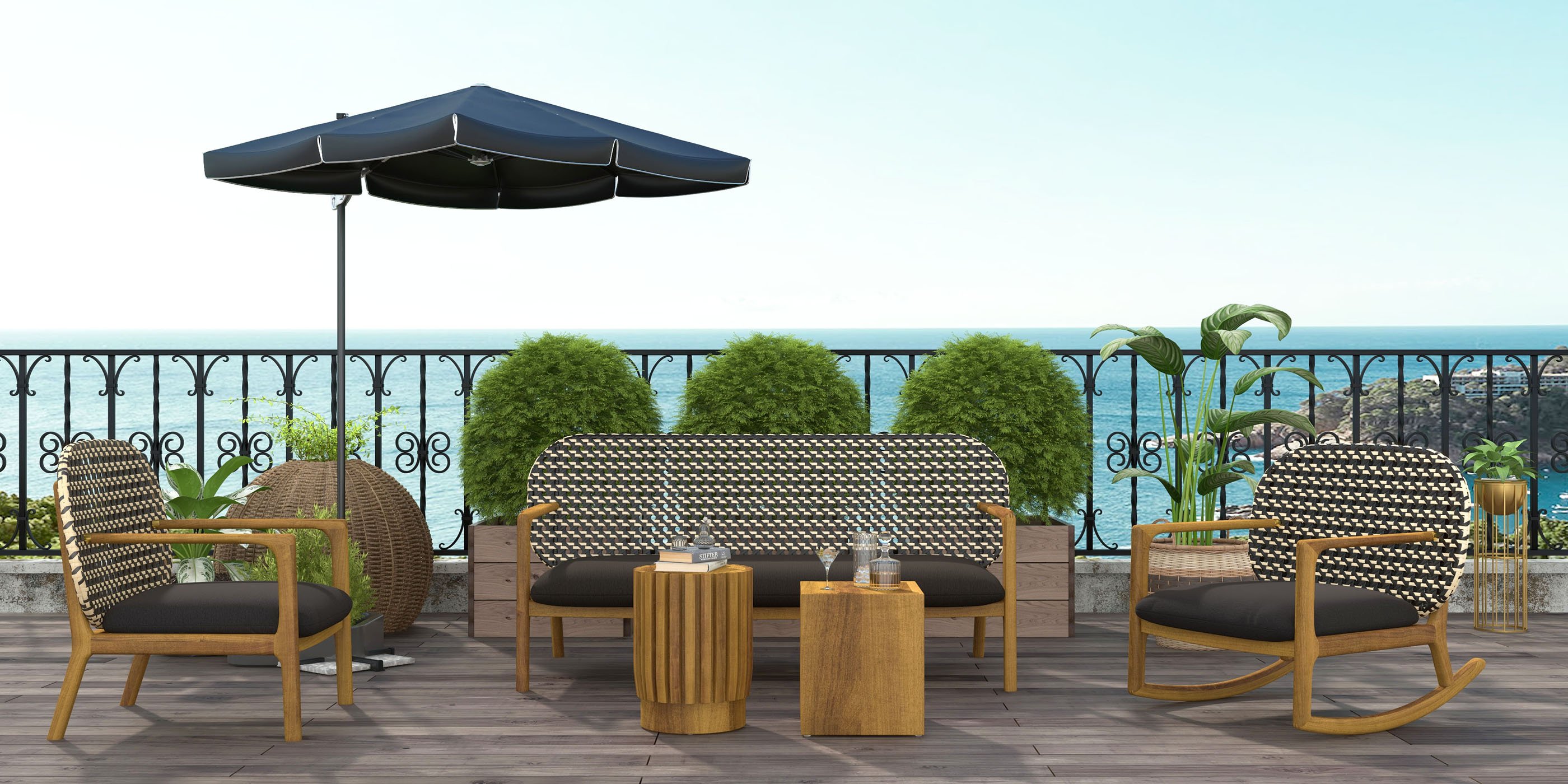 HMR - 2-Pieces Rustic Round & Rectangle Teak Wood Outdoor Coffee Table Set in Natural