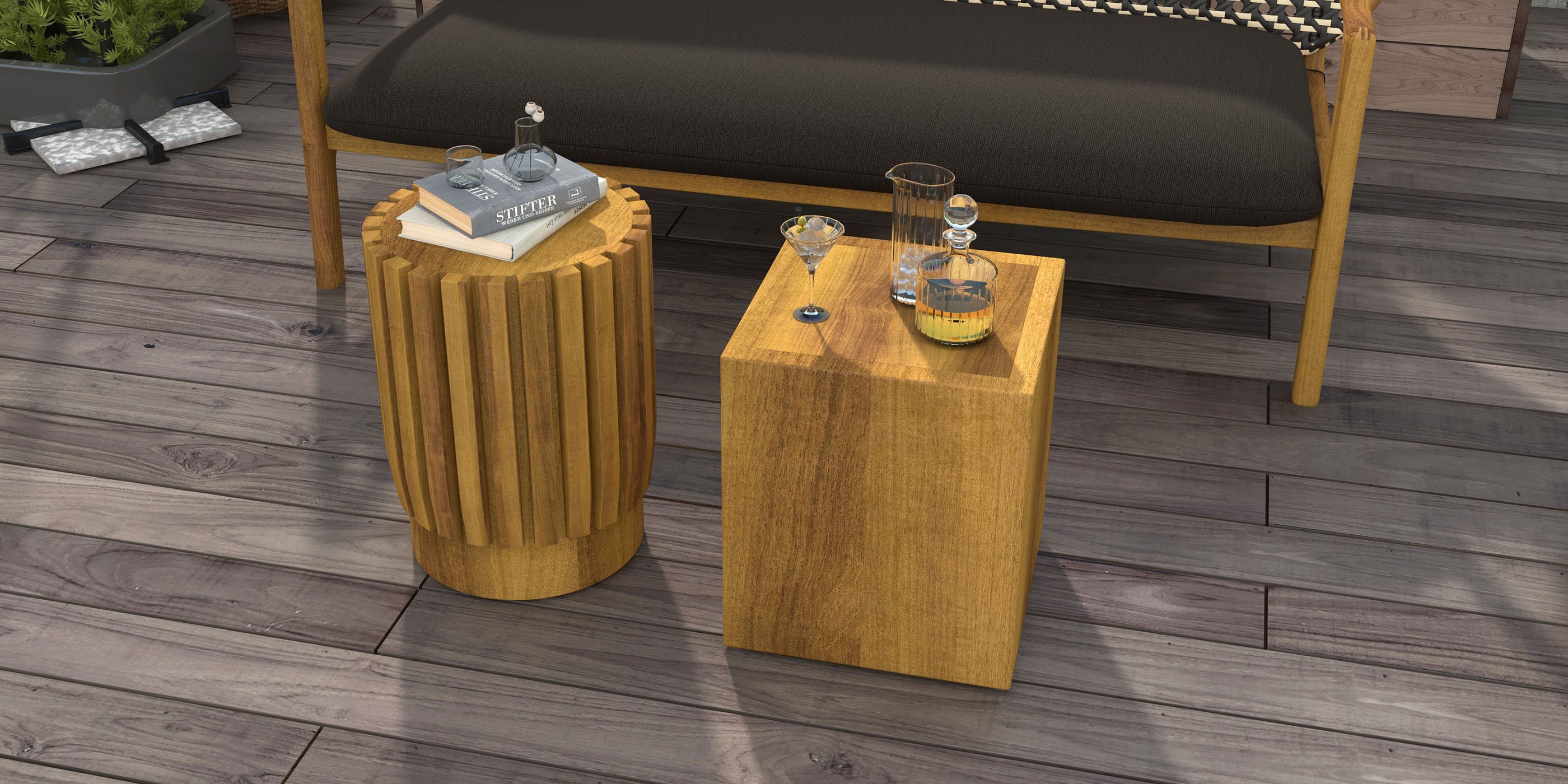 HMR - 2-Pieces Rustic Round & Rectangle Teak Wood Outdoor Coffee Table Set in Natural