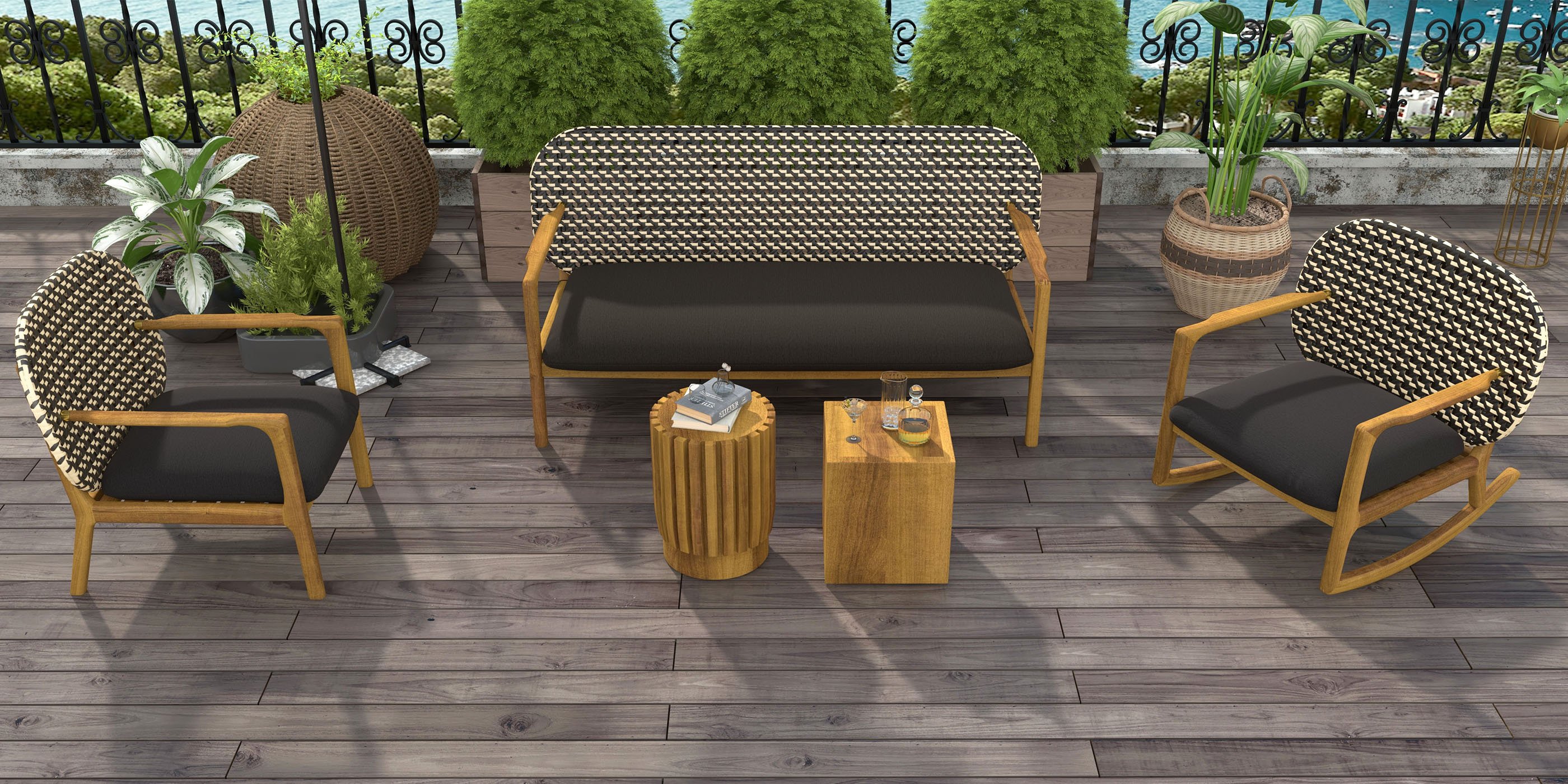 HMR - 2-Pieces Rustic Round & Rectangle Teak Wood Outdoor Coffee Table Set in Natural