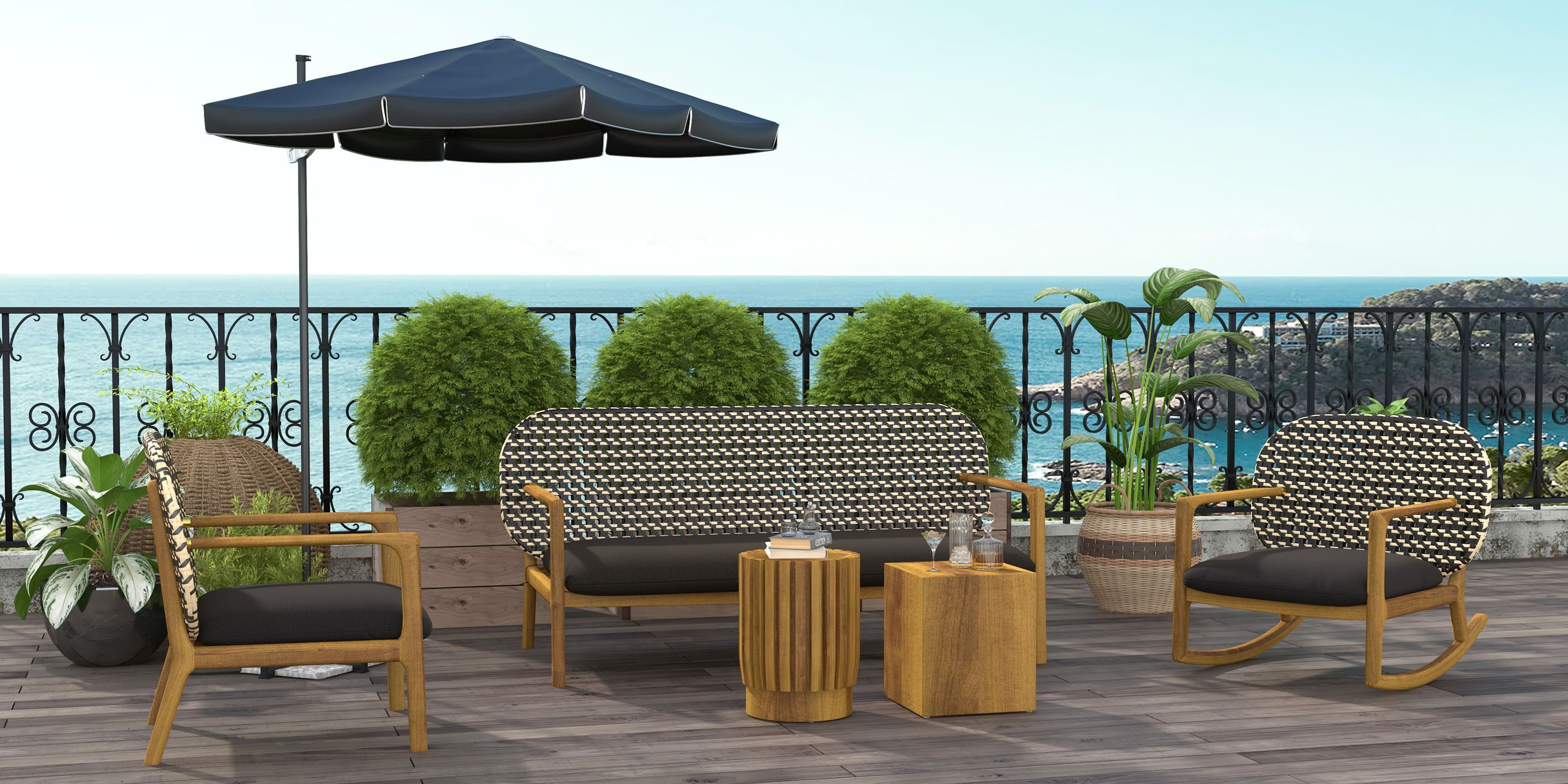 HMR - 2-Pieces Rustic Round & Rectangle Teak Wood Outdoor Coffee Table Set in Natural