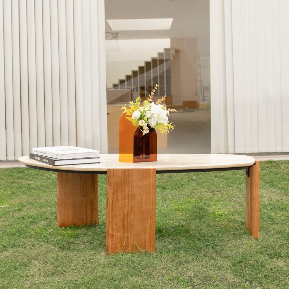 HMR - Modern Geometric Beige Outdoor Patio Travertine Coffee Table with Wood Stand in Walnut