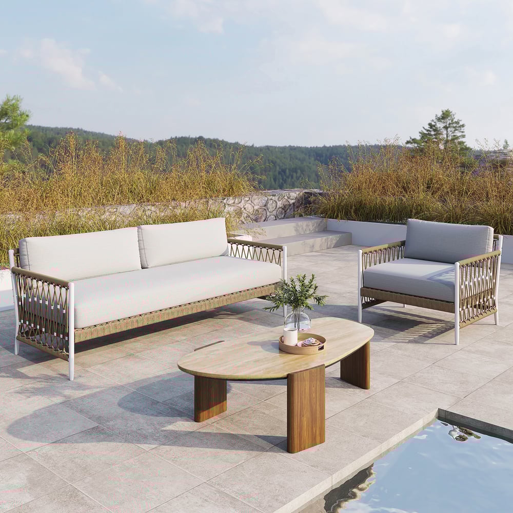 HMR - Modern Geometric Beige Outdoor Patio Travertine Coffee Table with Wood Stand in Walnut