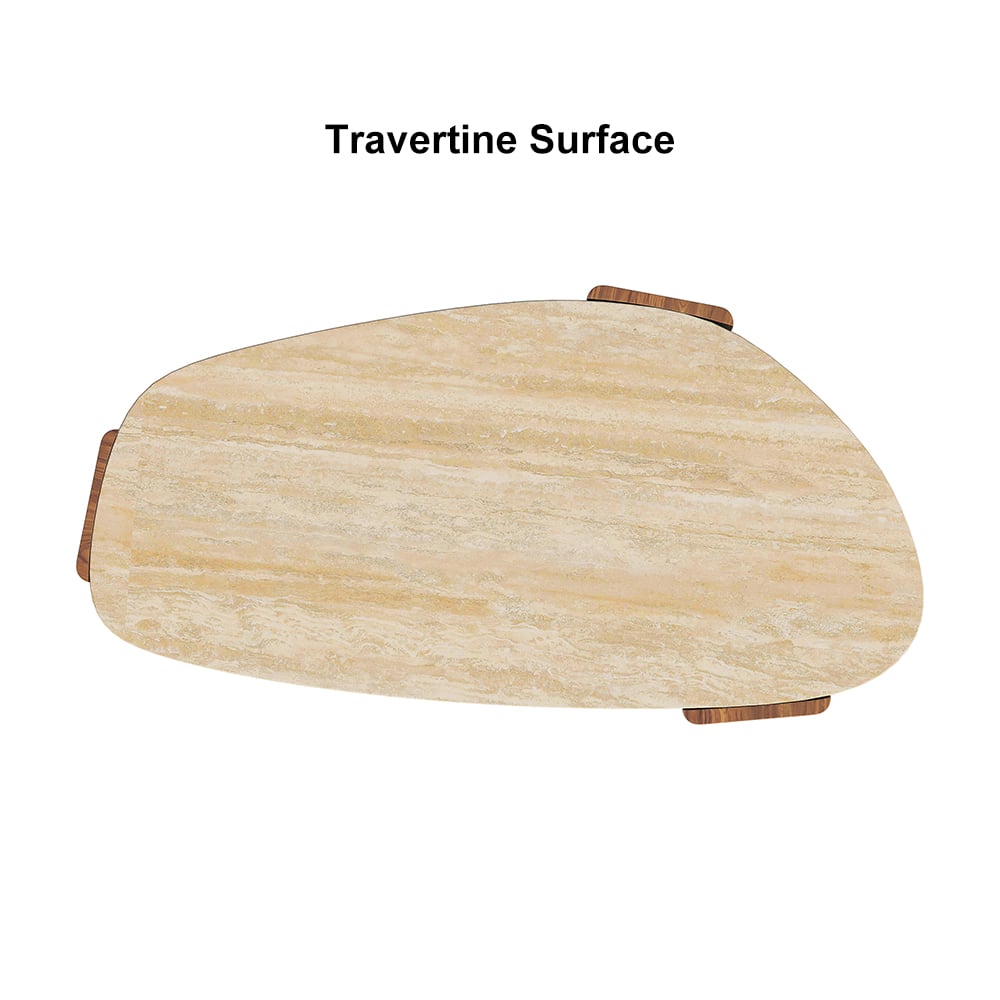 HMR - Modern Geometric Beige Outdoor Patio Travertine Coffee Table with Wood Stand in Walnut