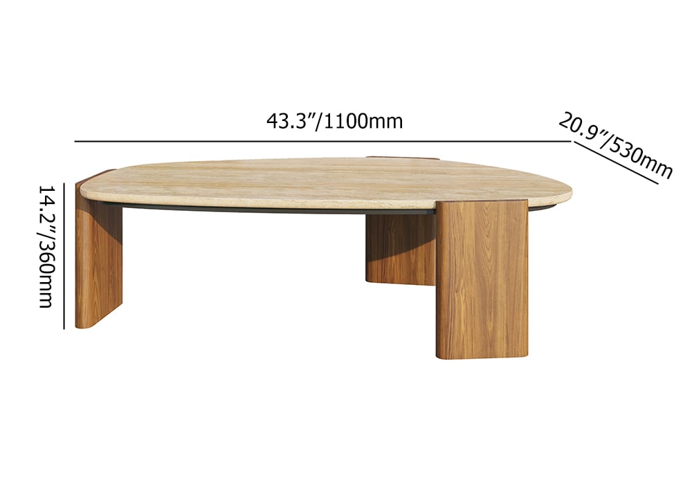 HMR - Modern Geometric Beige Outdoor Patio Travertine Coffee Table with Wood Stand in Walnut