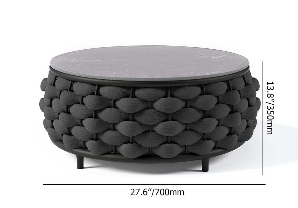 HMR - Tatta Modern Faux Marble Top Round Outdoor Coffee Table with Textilene Rope Woven Base