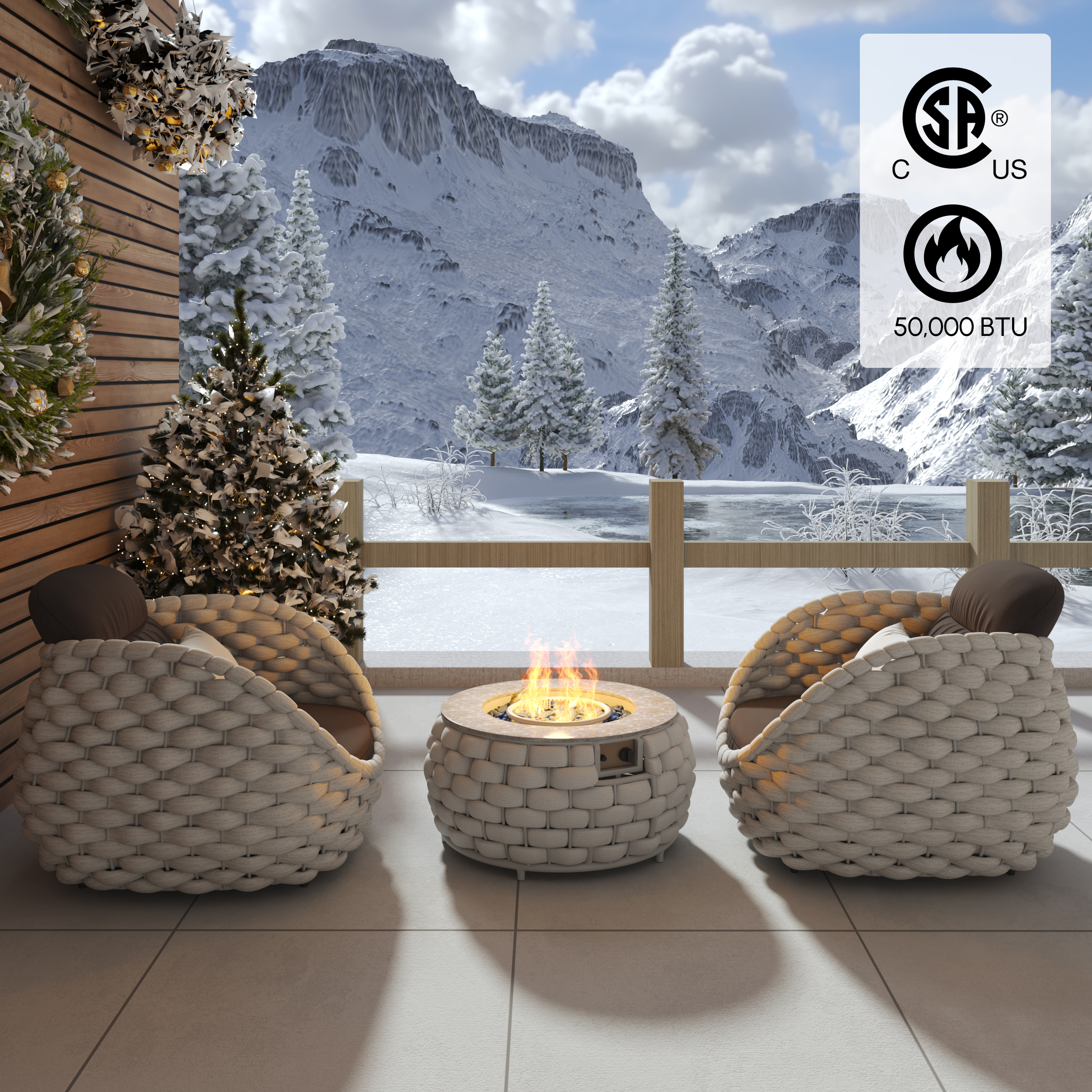 HMR Tatta 3-Pieces Winter Outdoor Smokeless Fire Pit Set with Chairs - Gray, With 2 Chairs, Fixed Base