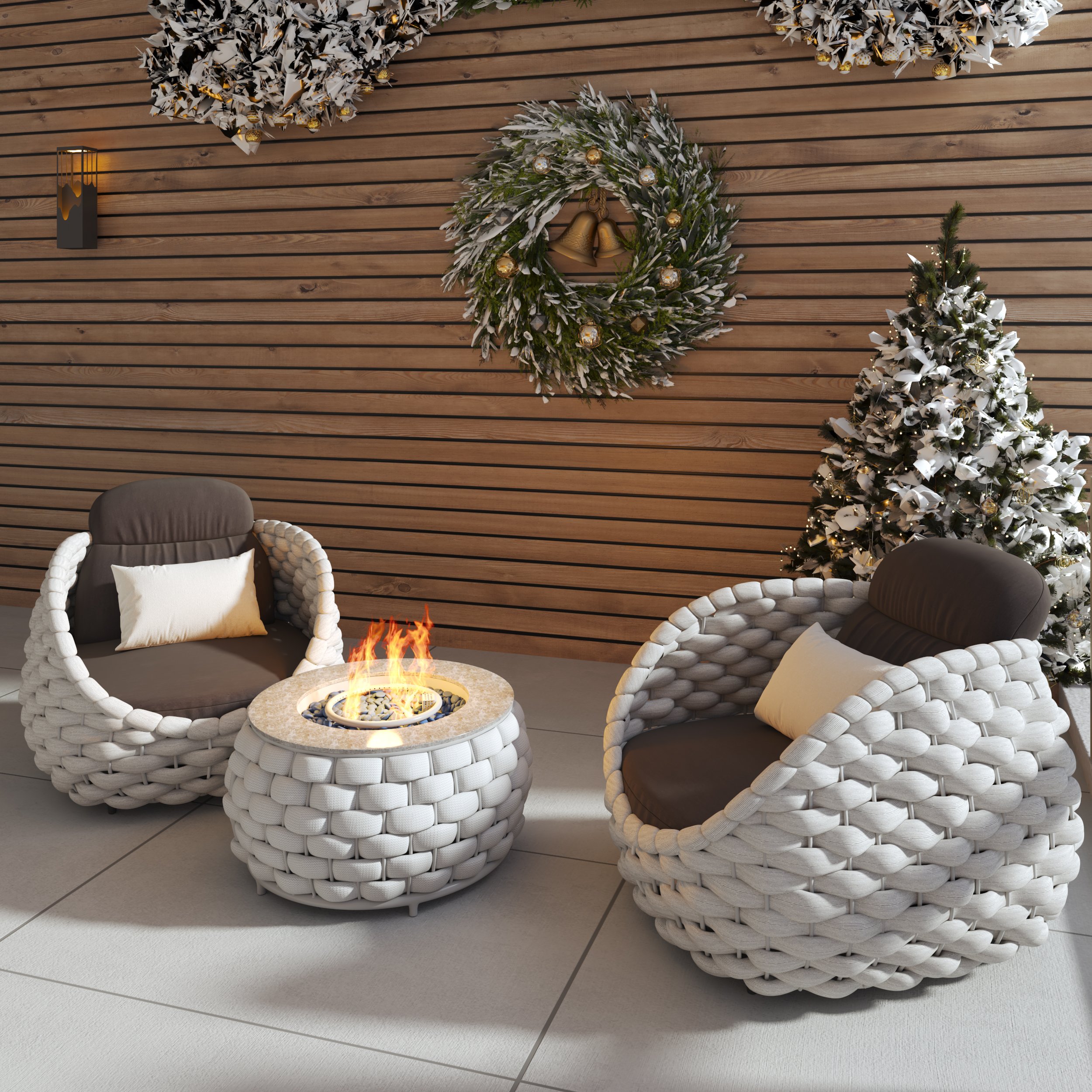HMR Tatta 3-Pieces Winter Outdoor Smokeless Fire Pit Set with Chairs - Gray, With 2 Chairs, Fixed Base