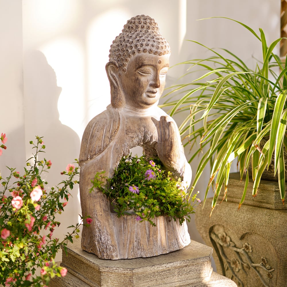 HMR - 20.9" Garden Buddha Statue Outdoor Resin Sculpture Decor Art With Flower Pot Planter